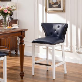 Sunvega Midnight Blue Faux Leather Upholstered Counter Stool with White Wood Base