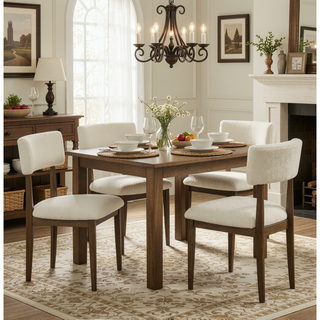 Sunvega Set of 2 Walnut Oak Dining Chairs with Beige Sherpa Fabric and Open Back