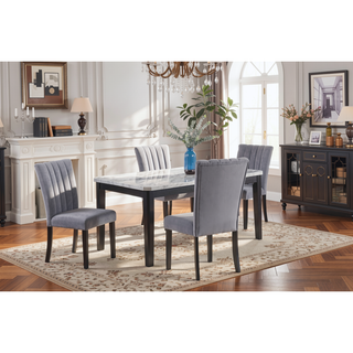 Sunvega Transitional Dining Table with Faux White Marble Top and Black Wood Base