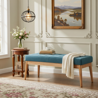 Sunvega Mid Century Modern Tufted Bench with Solid Birch Legs and Natural Finish
