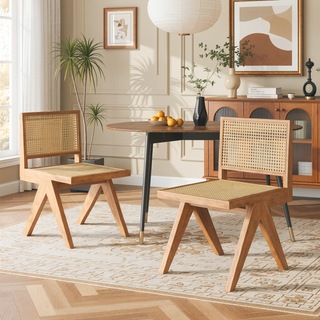 Sunvega Natural Rattan Dining Chairs with Perforated Design Set of 2 for Living Room