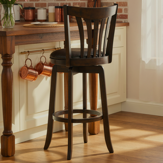 Sunvega Dark Cherry Wood Pub Height Swivel Bar Chair with Faux Leather Seat