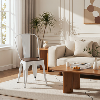 Sunvega High Gloss White with Walnut Wooden Seat Industrial Metal Dining Chairs Set of 2