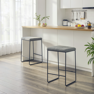 Sunvega Black Matte Metal Frame Faux Linen Upholstered Counter Stool