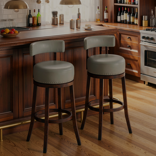 Sunvega Transitional Dark Oak Gray Leatherette Swivel Bar Stool Set of 2