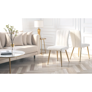 Sunvega Modern White Teddy Wool Dining Chair with Gold Plated Metal Legs for Living Room