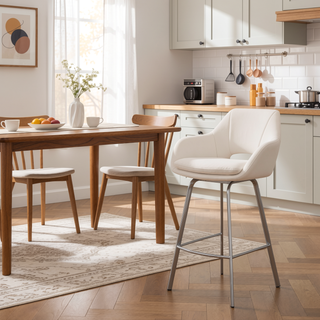 Sunvega White Faux Leather and Brushed Stainless Steel Swivel Bar Stool
