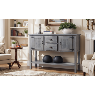 Sunvega Retro Style Solid Pine Wood Sideboard Console Table with 2 Drawers and Cabinets