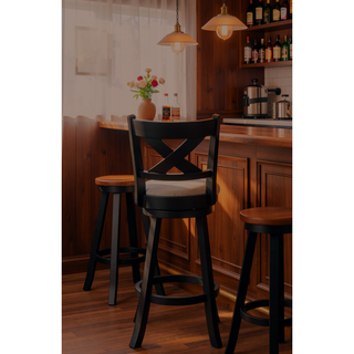 Sunvega Contemporary Black Frame Fabric Upholstery Swivel Pub Stools with Footrest