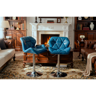 Sunvega Blue PU Leather Diamond-Tufted Swiveling Adjustable Height Bar Stools Set of 2