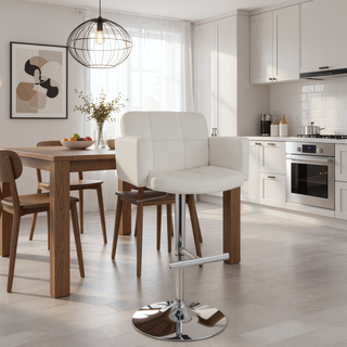 Sunvega Stout Contemporary Adjustable Barstool with Swivel and White Faux Leather