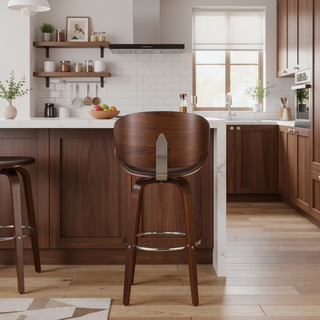 Sunvega Mid-Century Modern Swivel Barstool with Faux Leather Upholstery and Walnut Frame