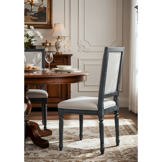 Sunvega Cream Linen Upholstered Side Chair with Weathered Gray Finish and Wooden Legs