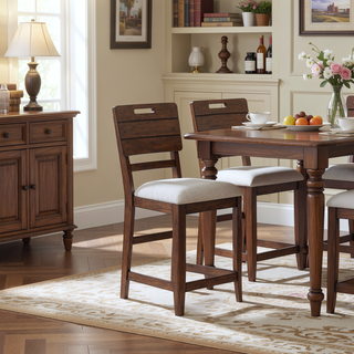 Sunvega Brown Finish Tray Back Upholstered Counter Height Dining Stool Set of Two