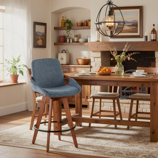 Sunvega Mid-Century Modern Cosmo Counter Stool with Blue Noise Fabric and Walnut