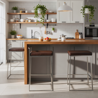 Sunvega Contemporary Brushed Stainless Steel Stackable Counter Stools with Brown Faux Leather