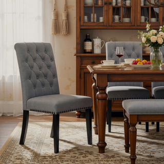 Sunvega Sand and Rustic Espresso Tufted Side Chairs with Rolled Backrest and Padded Seat