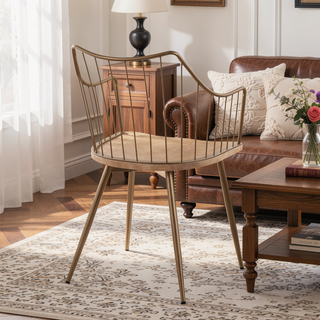 Sunvega Farmhouse Chair with Antique Copper Metal and White Washed Wood Seat