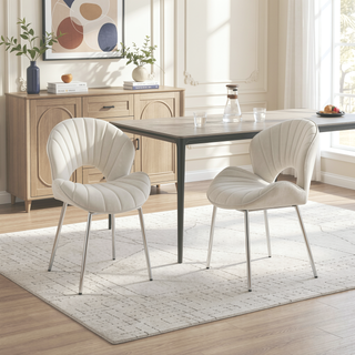 Sunvega Modern Design White Velvet Fabric Dining Chairs Set of 2 With Silver Legs
