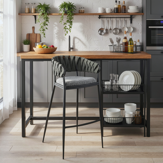 Sunvega Black Metal Bar Stool with Gray Faux Leather Back and Fabric Seat