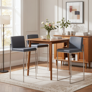 Sunvega Fuji Contemporary High Back Barstool in Stainless Steel and Grey Faux Leather
