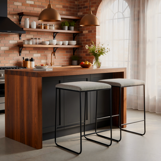 Sunvega Black Matte Metal Frame Faux Linen Upholstered Counter Stool