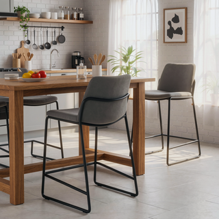 Sunvega Black Frame Grey Leatherette Counter Height Stools with Footrest Set of 2