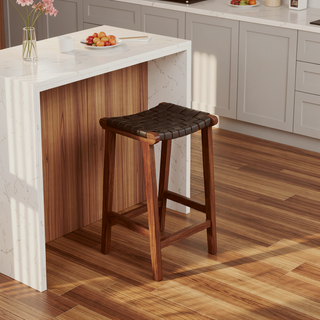 Sunvega Mid-Century Modern Genuine Leather Upholstered Walnut Wood Bar Stool