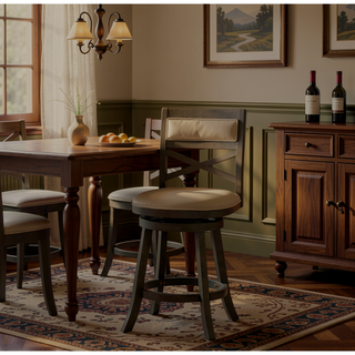 Sunvega 24 Inch Counter Height X-Back Swivel Stool with Beige Fabric Seat and Cherry Finish