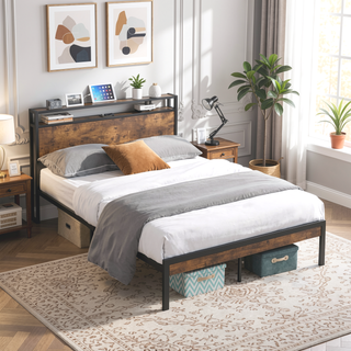 Sunvega Modern Twin Size Metal Platform Bed Frame with Wooden Headboard and USB LINER