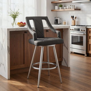 Sunvega 26 Inch Gray Faux Leather Swivel Bar Stool with Brushed Stainless Steel Frame