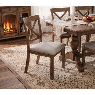 Sunvega Antique Oak Wood Dining Chair Set with Open X Back and Padded Cushion