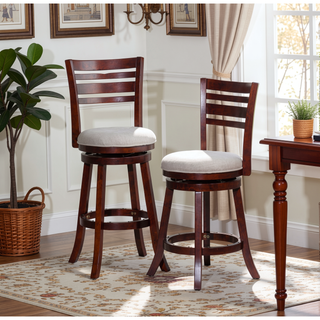 Sunvega Cherry Finish Beige Fabric Slat Back Swivel Stool for Counter Height