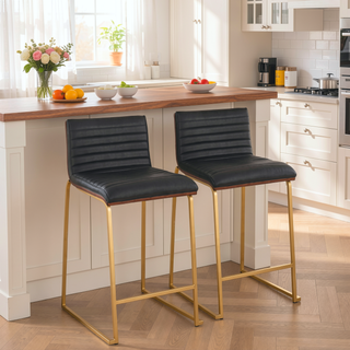 Sunvega Contemporary Fixed-Height Counter Stool with Tufted Faux Leather Seat and Walnut Wood Back