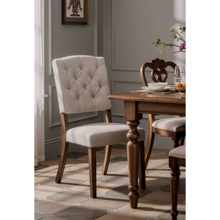 Sunvega Elegant High-Back Linen Upholstered Dining Side Chair with Weathered Oak Legs