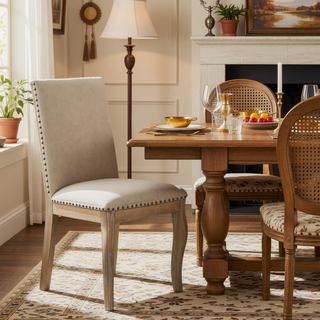 Sunvega Set of 4 Natural Wood Wash Upholstered Fabric Dining Chairs with Nailhead Trim