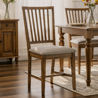 Sunvega Weathered Oak Slat Back Side Chairs with Tan Linen Upholstered Seat Cushions