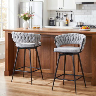 Sunvega 360 Swivel Bar Stools with Cotton Linen Cushions and Electroplated Metal Frame