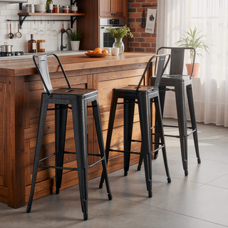 Sunvega Industrial Metal Barstools with Bucket Back in Sanded Matte Black, Set of 4