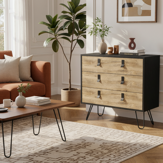 Sunvega White and Macadamia 3-Drawer Dresser with Contemporary Metal Handles and Wooden Legs