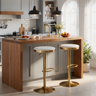 Sunvega Gold Steel Frame Cream Velvet Upholstered Adjustable Swivel Barstool Set
