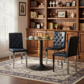 Sunvega 4-Pack Black PU Dining Chairs with Ergonomic Buckle Backrest and Silver Legs