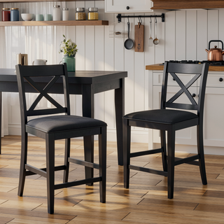 Sunvega Farmhouse Style X-Back Rubberwood Counter Stools Set of 2