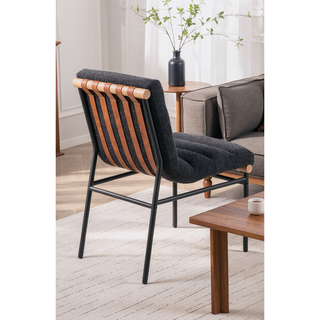 Sunvega Boucle Upholstered Chair with Cognac PU Leather Detailing and Black Iron Legs