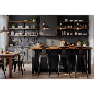Sunvega Industrial Metal Barstools with Bucket Back in Sanded Matte Black, Set of 4