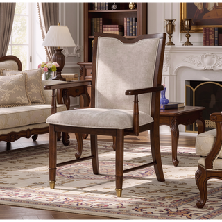 Sunvega Transitional Upholstered Arm Chair with Gold Capped Legs and Dark Cherry Finish