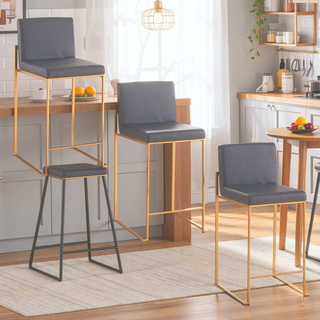 Sunvega Gold Steel Grey Faux Leather High Back Counter Stool Set of 3
