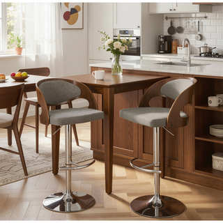 Sunvega Mid-Century Modern Adjustable Swivel Barstool with Walnut Back and Grey Fabric