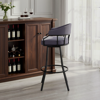 Sunvega Swivel Slate Gray Faux Leather and Black Metal Bar Stool with Footrest