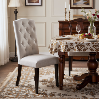 Sunvega Beige Linen Upholstered Dining Chairs with Tufted Back and Tapered Legs (Set of 2)